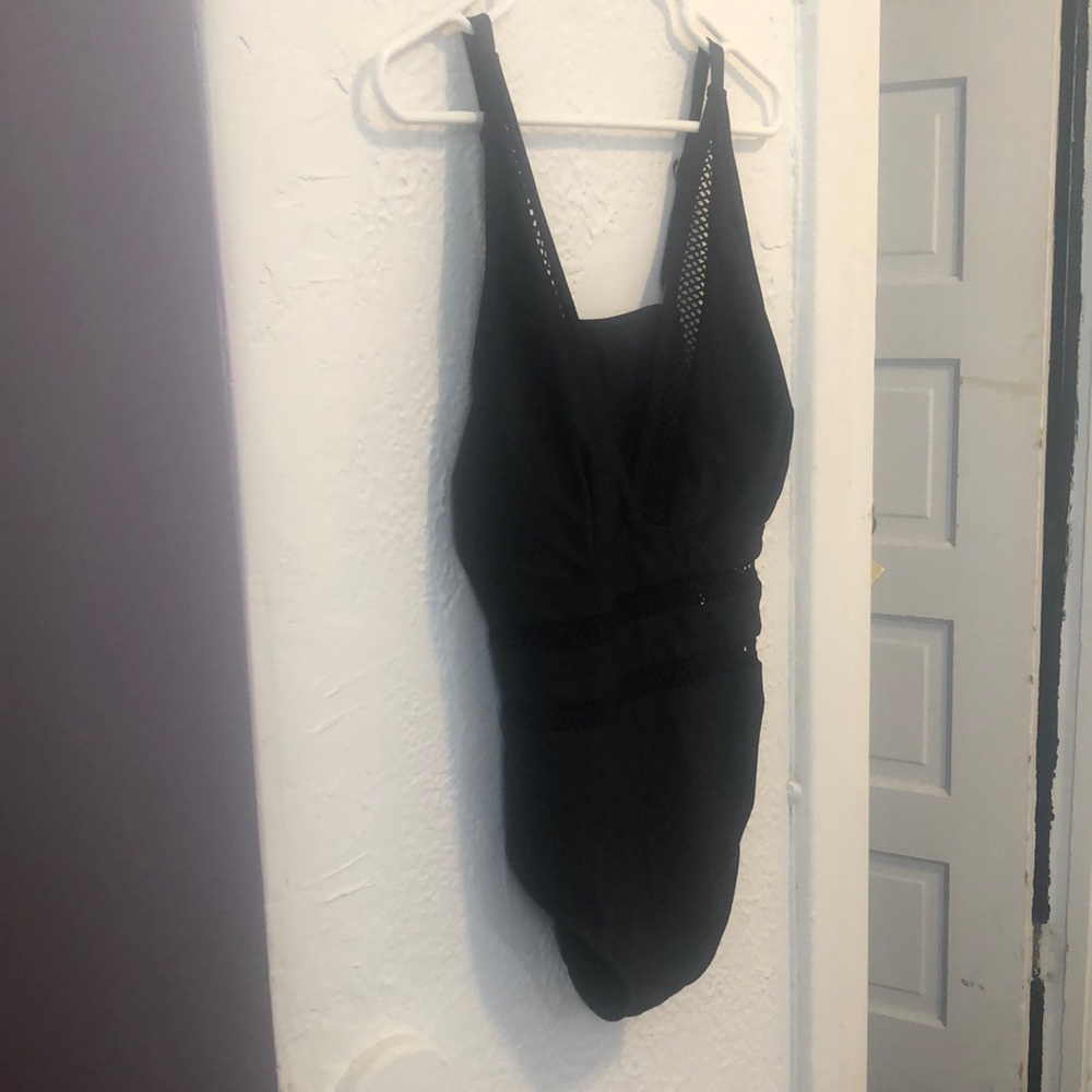 Black Deep V One Piece Bathing Suit Size Large with mesh details